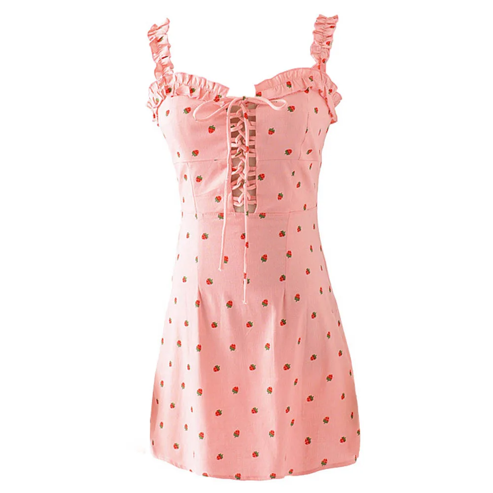 

ANSFX Sweet Bohemia Beach Strawberry Print Ruffles Spaghetti Strap Wood Ears Chest Cross Lacing up Bow A-Line Mini Dress 2 Color