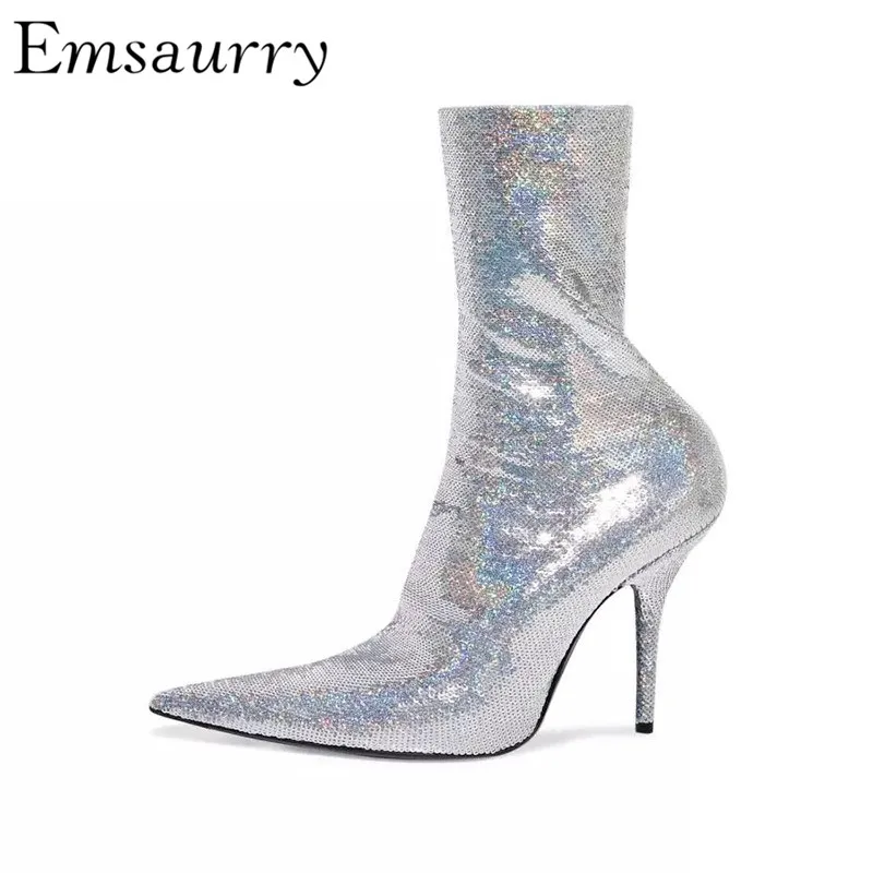 

New Arrival Mid Calf Booties Women Pointed Toe Thin Heels Bling Gold Silver Sequined Cloth Short Boots