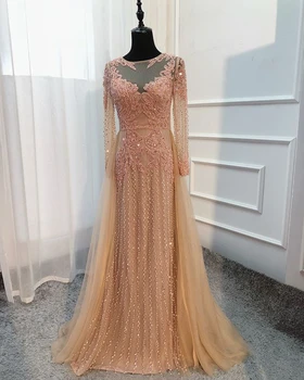 

New Arrival Long Evening Dress 2019 O-Neck Long Sleeves Floor Length Beading Tulle Formal Gowns Party Dresses