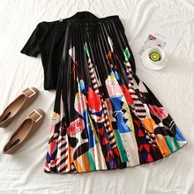 Летние Для женщин нижние юбки корейской моды дамы мультфильм печатных Высокая талия плиссированные юбки для Для женщин женские