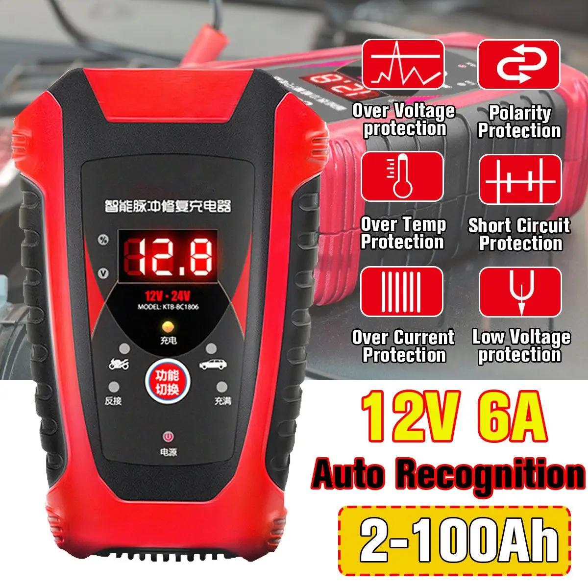 12V/24V 6A LCD Smart Fast Car Battery Charger for Car Motorcycle AGM GEL Lead-Acid Batteries Intelligent Charging Repair Charger