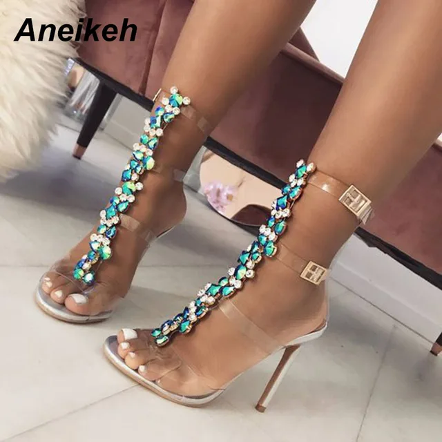 Aneikeh New Summer sandals women Buckle Strap Luxurious Blue Crystal Chain Transparent PVC High Heel OpenToe Sexy Sandals Shoes