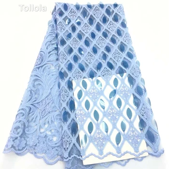 

Tollola African Lace Fabric Sequins High Quality Guipure Lace Tulle French Embroidered Mesh Lace Fabric Sky BLue For Wedding