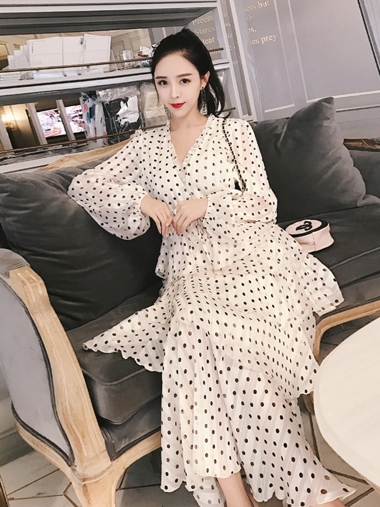 Superposée Dot Robe 2019 Femmes Longue D'été Vintage Beige Printemps Dress Long Polka Plage fwZqnRH