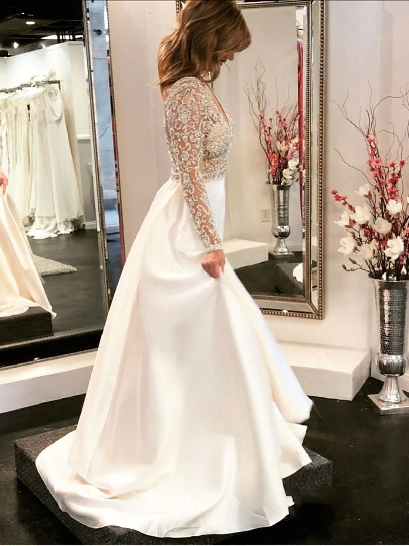 V-Neck Long Sleeve 2018 Wedding Dress With Beadings Crystal 2