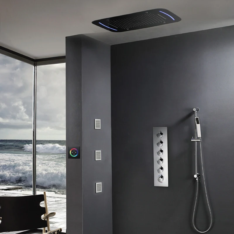 Bathroom Shower Set Thermostatic B Shower Faucets LED Ceiling Rainfall Showerhead Misty Waterfall Rain Shower With Slide Bar