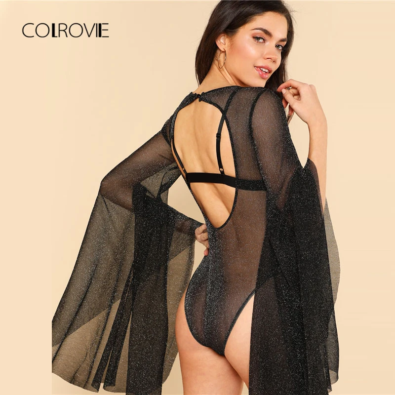 COLROVIE بالغت جرس كم شبكة لامعة ارتداءها الصيف عارية الذراعين مثير داخلية أسود طويل كم نحيل ارتداءها COLROVIE بالغت جرس كم شبكة لامعة ارتداءها الصيف عارية الذراعين مثير داخلية أسود طويل كم نحيل ارتداءها