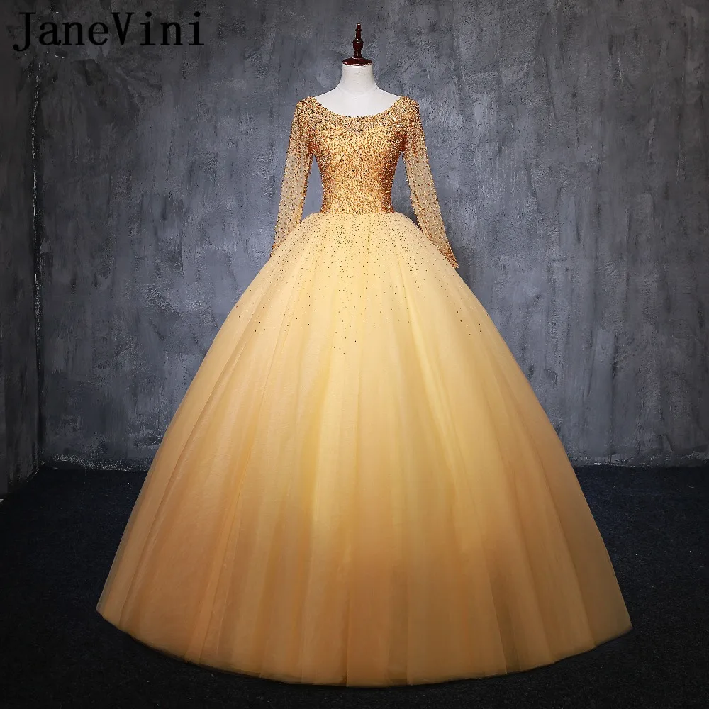 

JaneVini Elegant Gold Long Sleeves Ball Gown Prom Dresses Scoop Neck Luxury Heavy Beaded Backless Puffy Tulle Formal Party Gowns