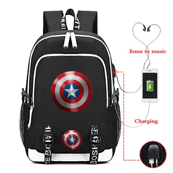 

Men Women With USB Charging Ear Plug Hole Backpack Boys Girls Captain America Travel Bag Teenager Student Laptop School Bags