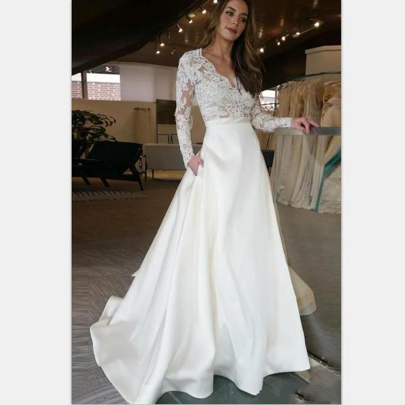 Новинка, свадебное платье с длинным рукавом, v-образный вырез, трапециевидная аппликация, кружевной топ, атласная юбка свадебного платья с карманом, на заказ, платье невесты
