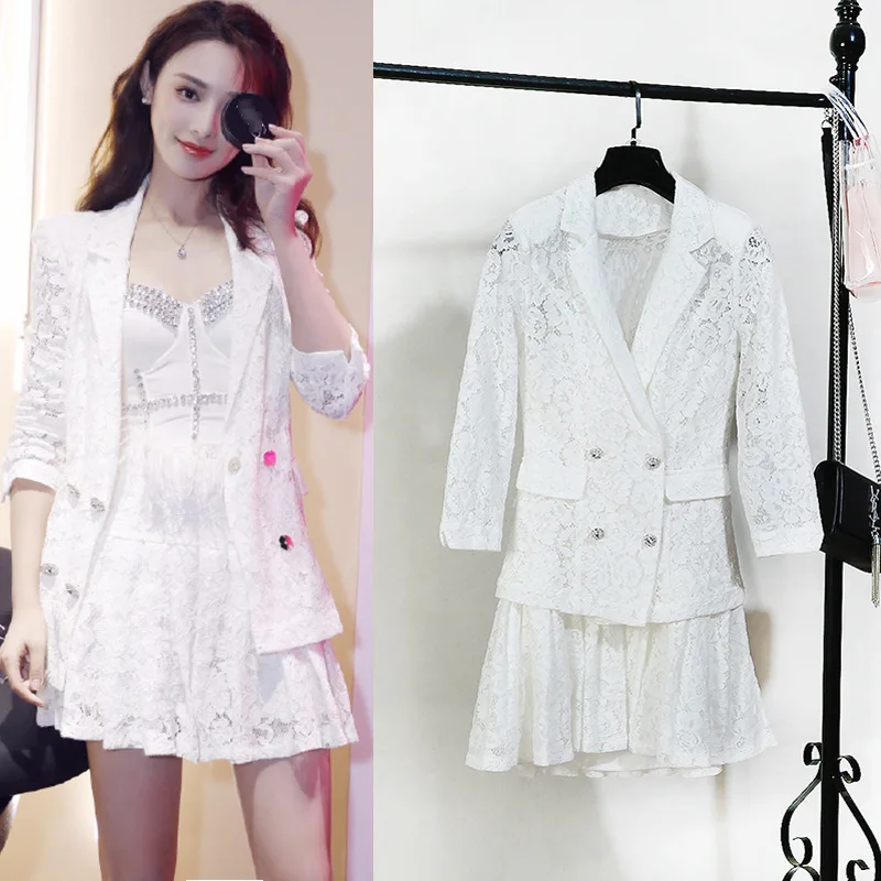 

[EWQ] 2019 Early Autumn New Sweet Hook Flower Long Sleeve Solid Color Lace Coat Female Modern Lady Trend Coat Feminino QK12600M