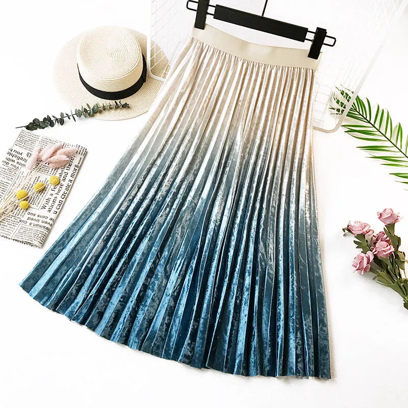 OHRYIYIE Повседневная Женская миди длинная бархатная юбка осень зима Женская мода градиентный цвет плиссированные юбки Солнцезащитная школьная юбка трапециевидной формы