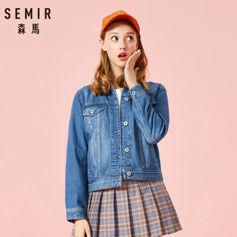 astounding SEMIR Women 100% Cotton Short Denim Jacket with Collar Girl Boyfriend Denim Jacket with Chest Pocke