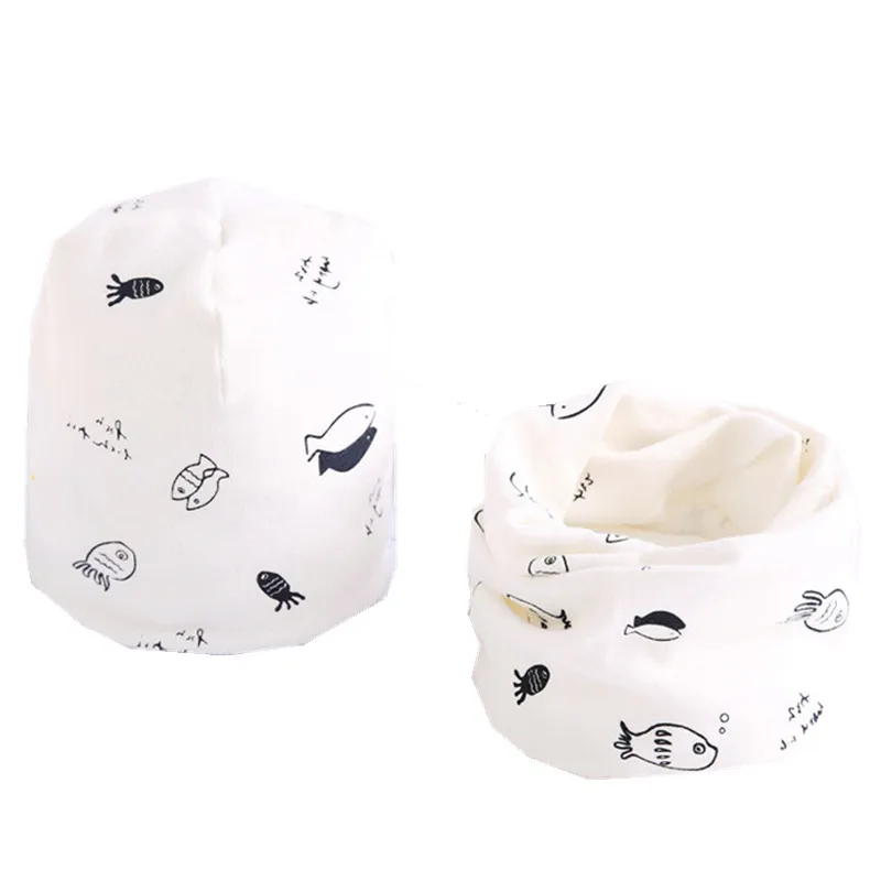 Осенне-зимняя детская шапка, шарф, комплект для мальчиков и девочек, шапки со звездами, хлопковый шарф, детские шапки, Детские шапочки набор шарфов - Цвет: white fish