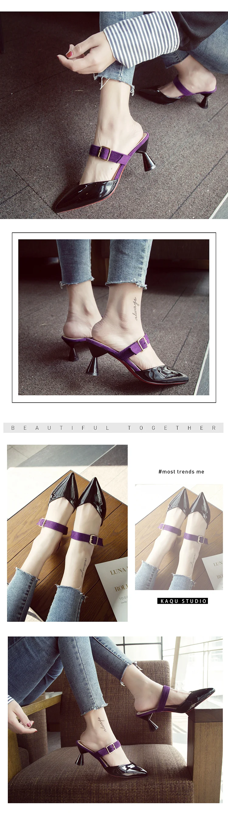 

J1211 Summer 2019 New Baitao pointed high-heeled slippers with thin-heeled Baotou worn sandals with half-slippers