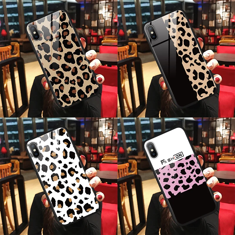 

Leopard Print Tempered Glass Coque Soft Phone Case For iPhone XS MAX Cover Case For iPhone 6 7 8 6S 8 Plus 9 10 X XR Case Fundas