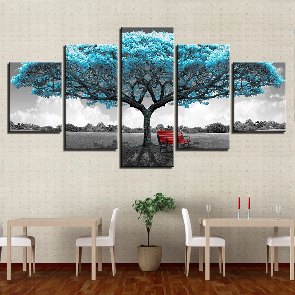 

Canvas Prints Paintings Framework Living Room Decor 5 Pieces Blue Big Tree Red Chair Pictures Abstract Landscape Poster Wall Art