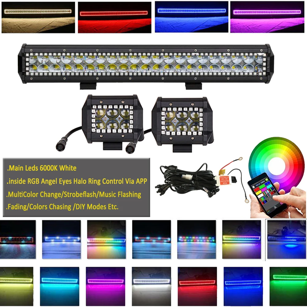 20 дюймов 4D 126 Вт Светодиодный светильник бар + 2x4 &quot18 Pods 3&quot Wirelss Bluetooth RGB Halo
