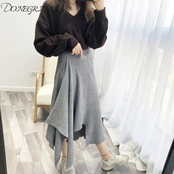 

2020 autumn and winter Korean version of the irregular knit skirt chic asymmetric retro large umbrella skirt