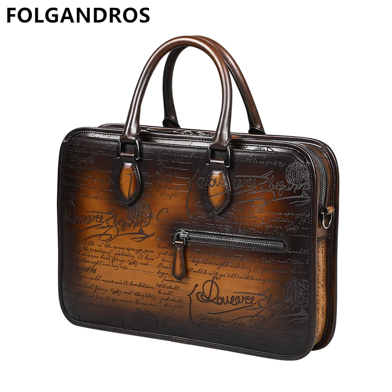 

Men's Business Briefcase Genuine Leather Luxury Handmade Calfskin Shoulder Bag Italian Designer Document File Laptop Bag