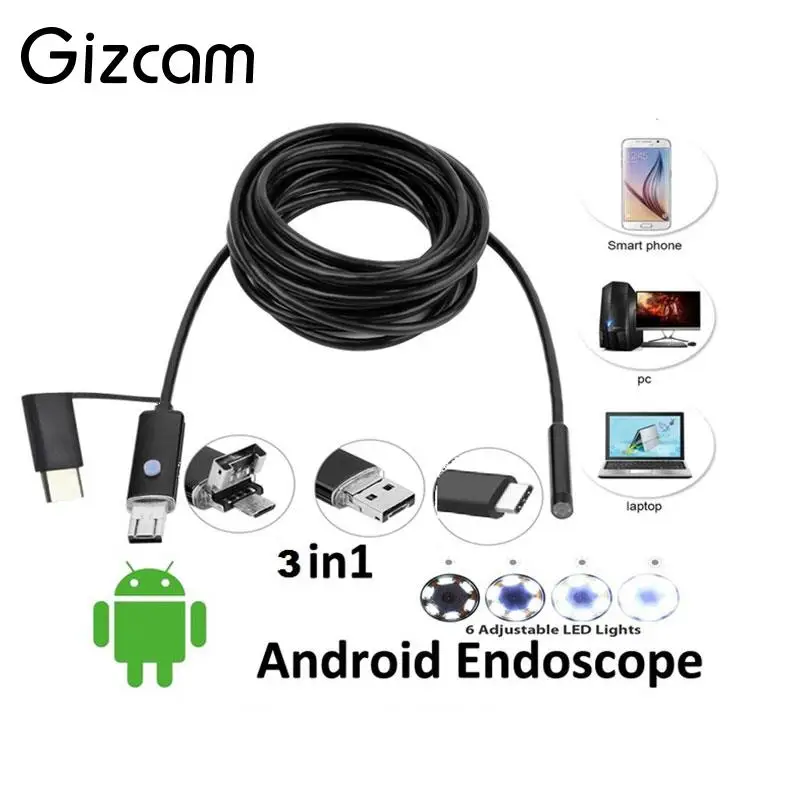 

Gizcam for Android Phone PC Laptop Micro USB Type C Endoscope Inspection Camera 8mm Lens 6 LEDs 2m 6.6ft Cable Black