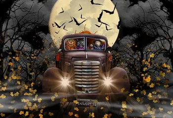 

Night Full Moon Car Halloween Pumpkin Zombie Leaves background Vinyl cloth High quality Computer print party backdrop