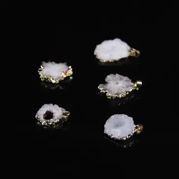 

5pcs,Raw Druzy Quartz Geode Flat Slab Pendant Crafts making,Natural White Agates Geode Freeform Slice Pendant With Gold edged