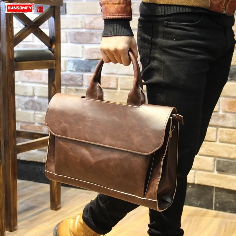 

Genuine leather Men handbag 14" Laptop briefcase Crazy Horse Leather Messenger Bag male Crossbody Shoulder Business vintage Bag