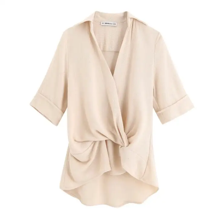 

Holiday Style V Neck Cross Knotted Decoration Women Shirt Leisure Female Half Sleeve Blouse 2019 Summer Lady Loose Tops