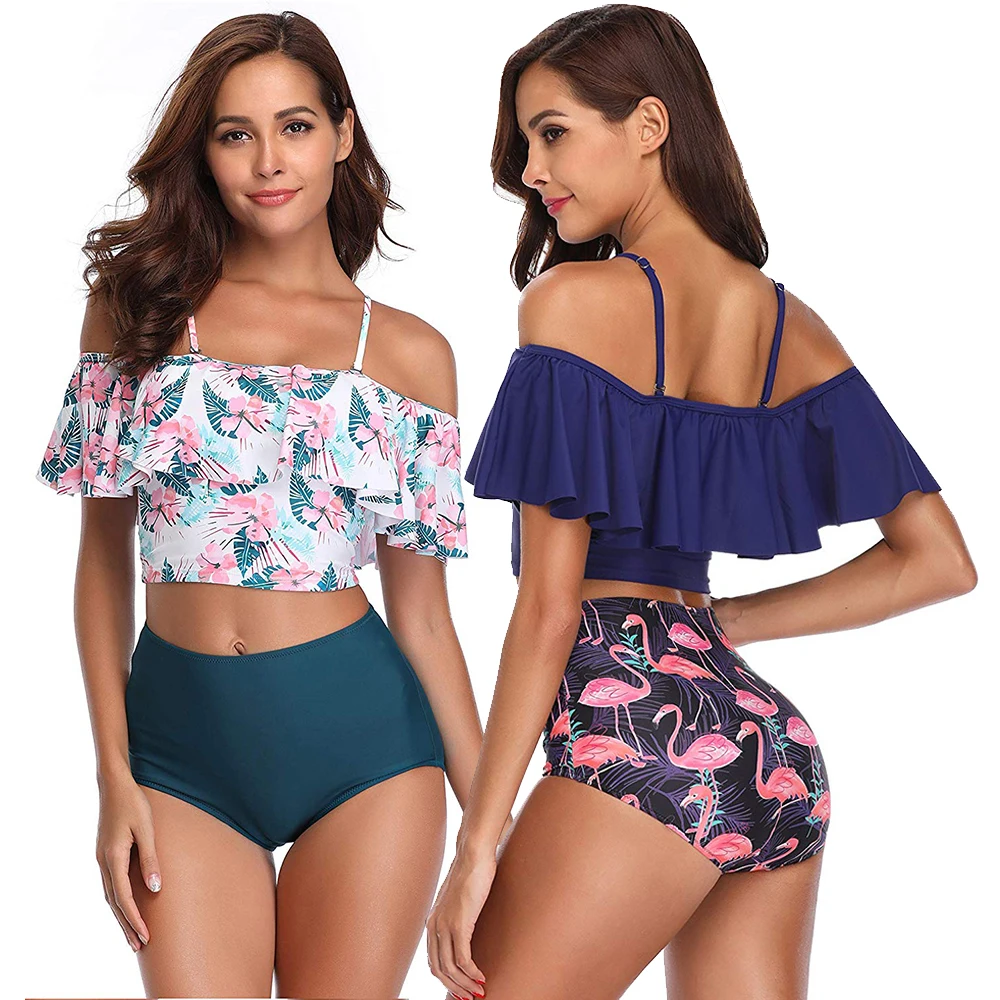 

Women's Two Pieces High Waisted Bikini Set Ruffle Flounce Bathing Suit Print Beach Swimwear Sling off shoulder Adjustable straps