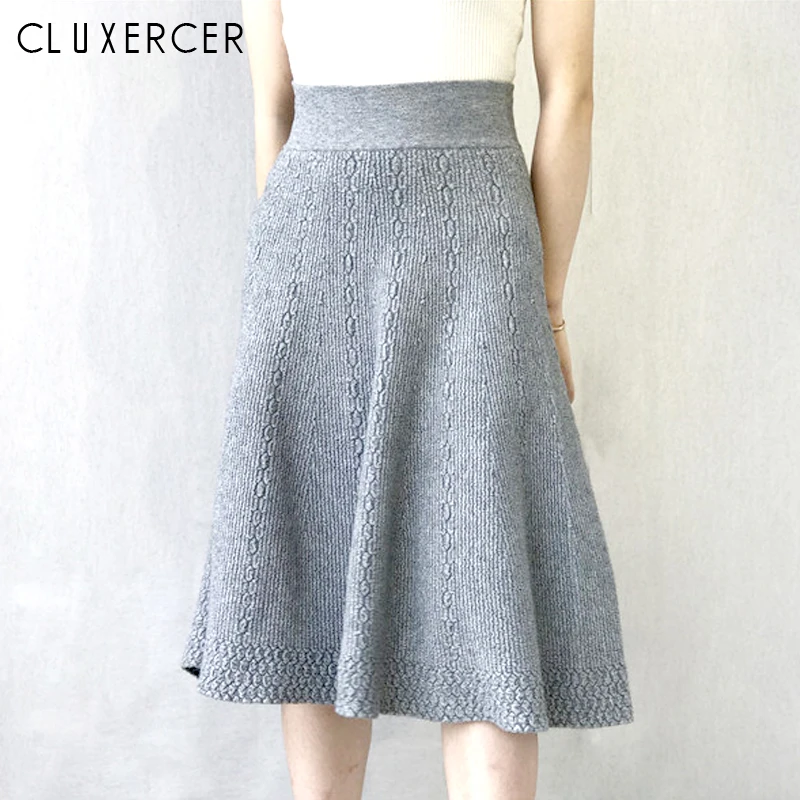 

Elegant A-Line Knitted Women Skirt Fashion 2019 Autumn Winter Midi Skirt Vintage High Waist Casual Thicken knit Skirt Female
