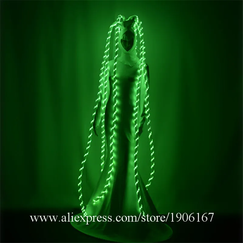 Party wears long dress dj ds show outfits singer performance clothe RGB colorful led costume luminous glowing skirt hairs dj1