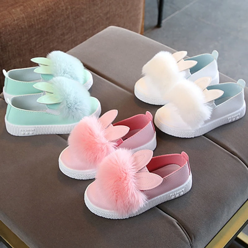 

Cute Toddler Baby Girl Rabbit Ear Pompom Single Shoes Faux Leather Solid Slip-On Soft