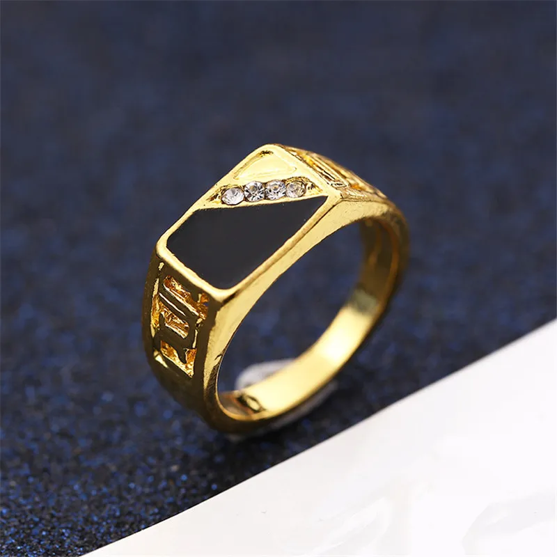 Sitaicery позолоченные кольца с черной эмалью, мужское Винтажное кольцо в стиле панк, классическое черное кольцо с имитацией черных камней, мужское кольцо с эмалью - Цвет основного камня: Золотой