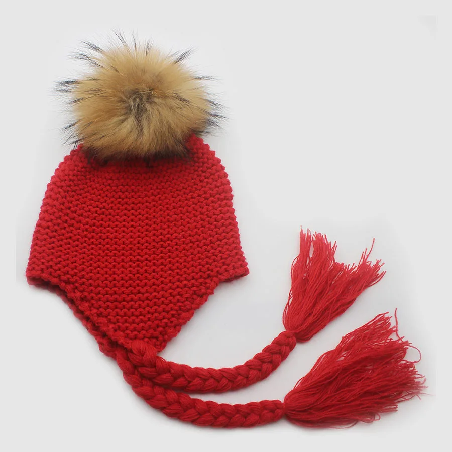 Детские Зимние теплые вязаные шапки из меха енота для девочек и мальчиков настоящая шапка с меховым помпоном Детские шапочки, вязанные крючком шапочка s - Цвет: Red