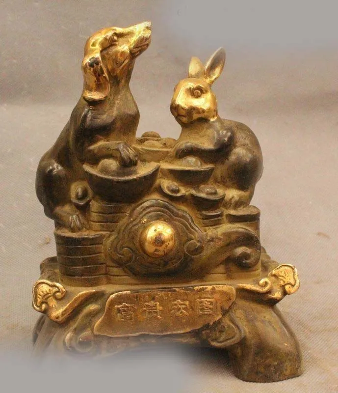 

7"Chinese Folk Feng Shui Bronze Gild Fu Wealth Zodiac Year Dog Rabbit Statue