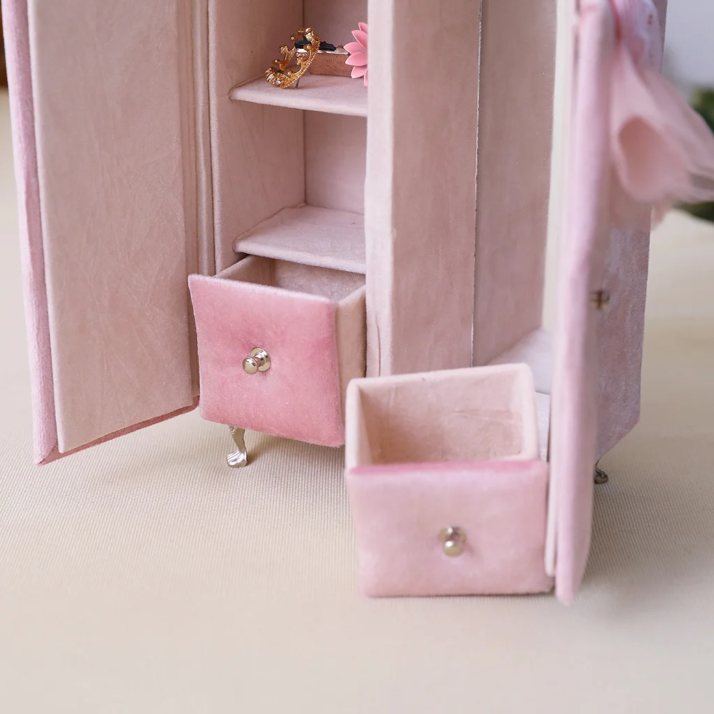 Multifunctional Pink Closet Shape Jewelry Box Bracelet Ring Display Organizer Holder with Built-in Makeup Mirror for Earring