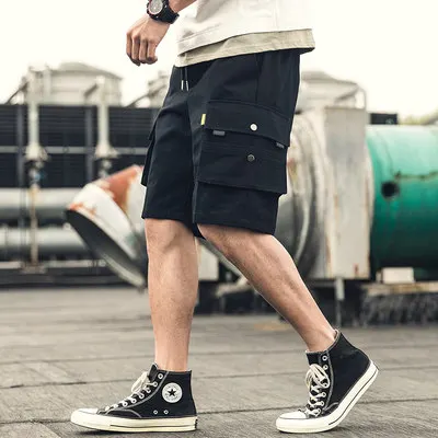 Новые модные брендовые мужские шорты летние повседневные одноцветные эластичные талии с несколькими карманами до колена мужские рабочие шорты 5XL - Цвет: Черный