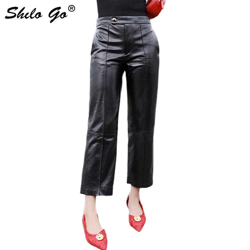 Streetwear Lederen Broek Vrouwen Beknopte Enkele Knop Hoge Taille Schapenvacht Lederen Wijde Pijpen Broek Kantoor Dame Capri