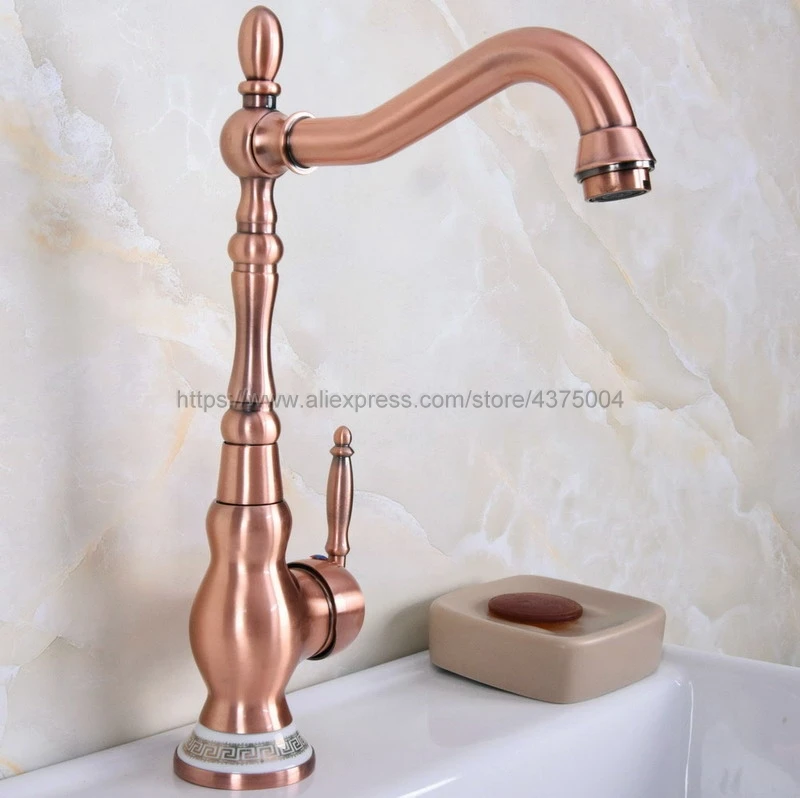 Deck Mounted Antique Red Copper Single Handle Hole Bathroom Sink Mixer Faucet Hot and Cold Water Mixer Tap Nnf641