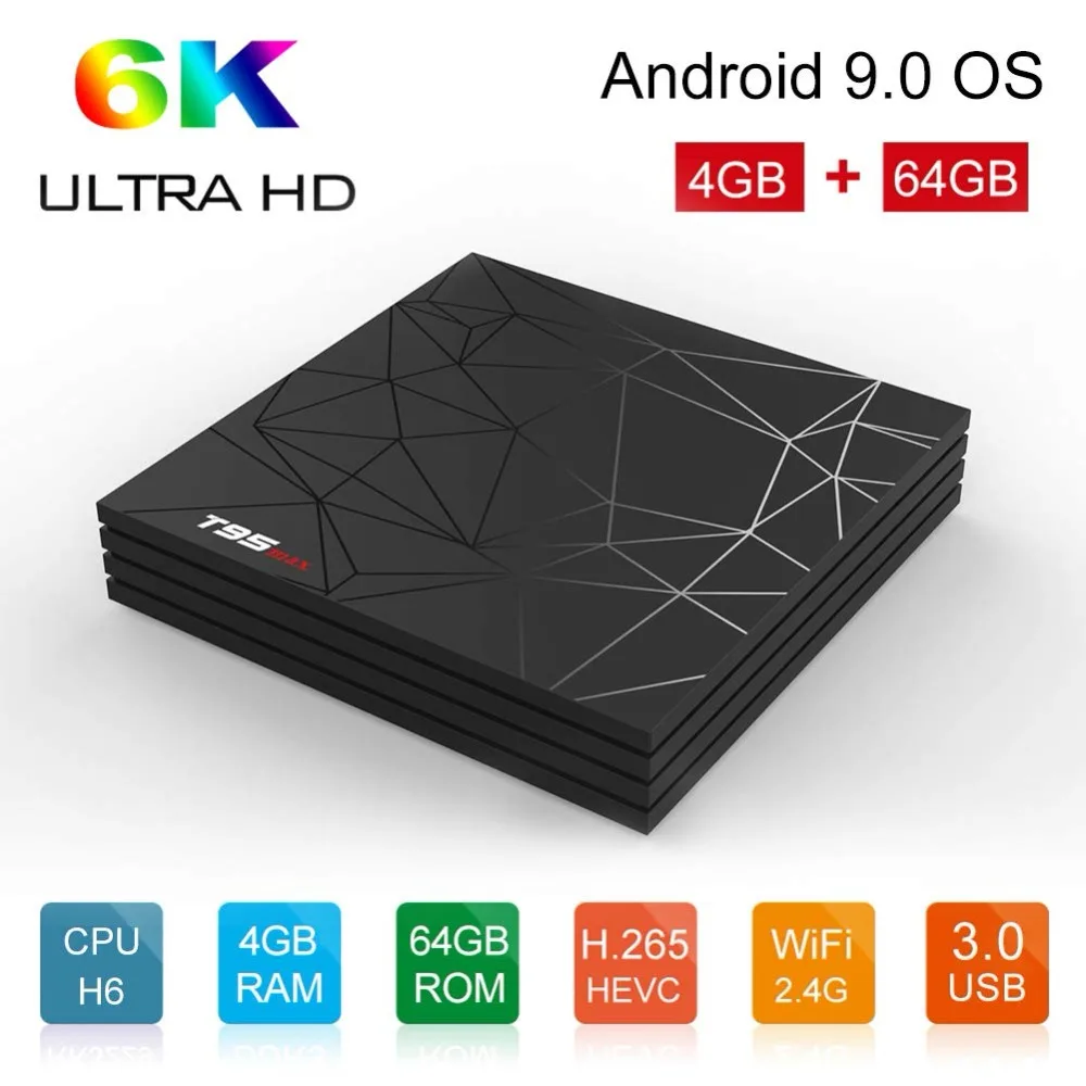 T95 Max tv Box Android 9,0 четырехъядерный процессор Allwinner H6 4 Гб ОЗУ 64 Гб ПЗУ 3D плеер 6K HDR Smart tv бокс с пультом дистанционного управления ТВ