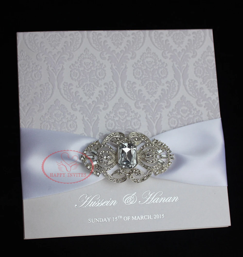 HI6023-04 Elegant White Flocking Invites with Ribbon and Brooch