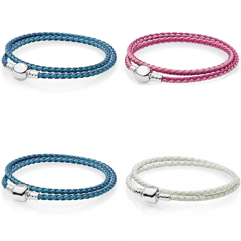 Moment Double Woven Leather Ball & Barrel Clasp Bracelets Fit Pandora