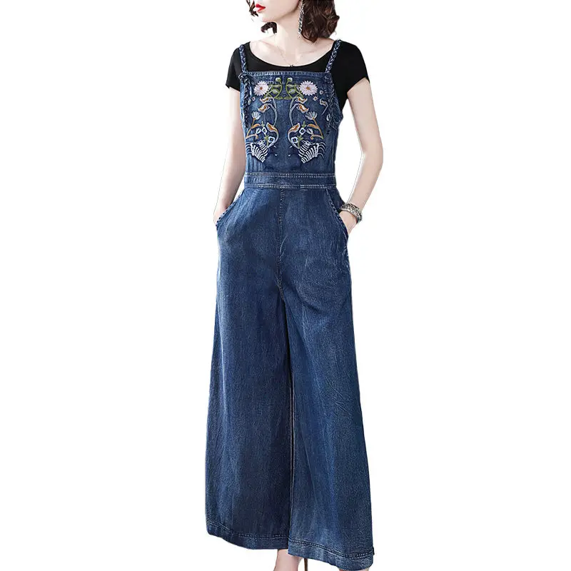 Новинка лета, винтажный джинсовый комбинезон с ремнем, Ретро стиль, вышитые женские джинсовые комбинезоны с широкими штанинами