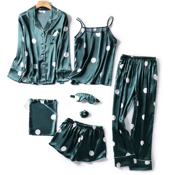 

Women's 7 Pieces Pajamas Sets Silk Stain Polka Dot Pajamas Ladies Sleepwear Pajama Set Spring Summer Autumn Homewear Nightwear