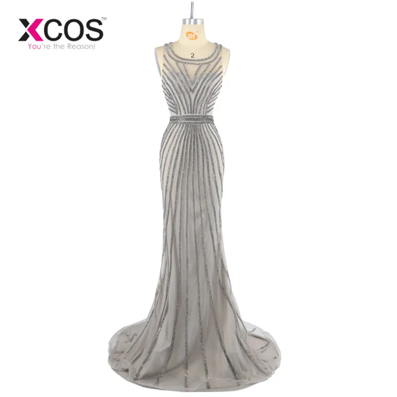 

Real Photos Tulle Crystal Grey Color Party Occasion Formal Long Evening Dress African Prom Dresses Evening Gown 2017 SC275