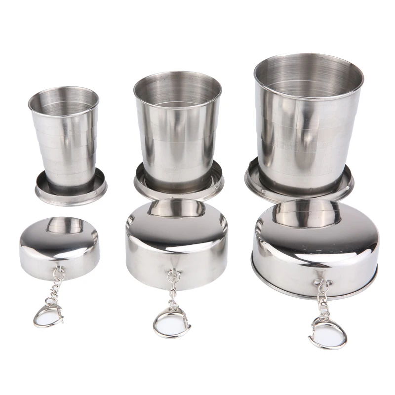 

Stainless Steel Outdoor Utensil Camping Folding Cup Tableware With Keychain Traveling Outdoor Hiking Portable Cup