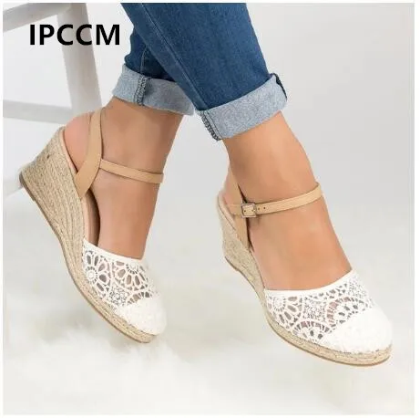 

IPCCM Summer Fashion High Heel Waterproof Platform Hollow Sandals Wedge High Quality PU Ladies Hasp Straw sandals Size 34-43