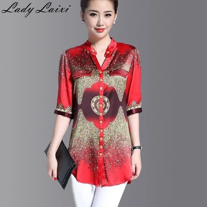 

2018 Summer Women Half Sleeve Sexy V Neck Print Red Blouse Long Shirt Women Tops Irregular Shirts Plus Size 4XL