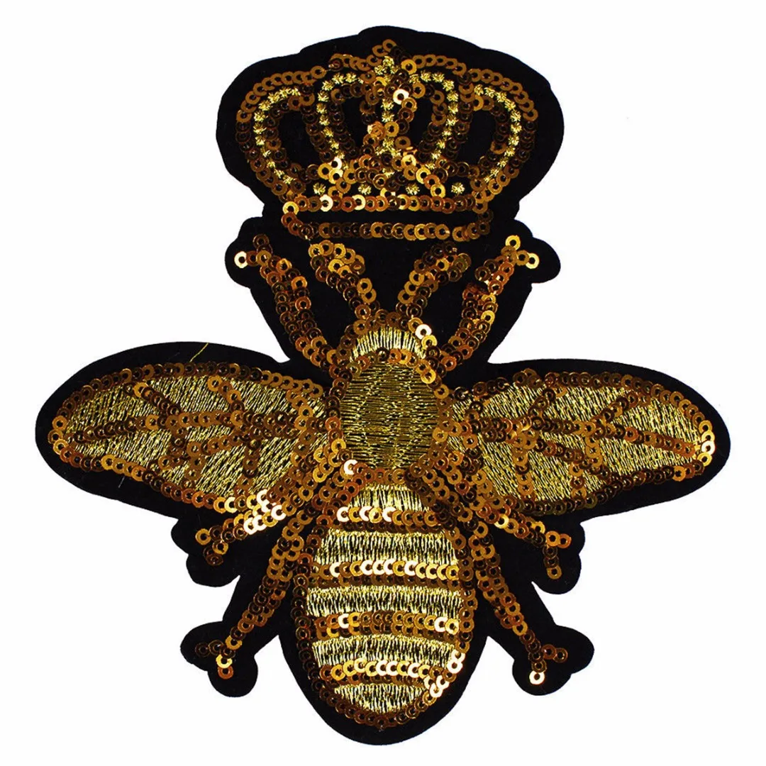 DIY Gold Sequins Crown Bee Fabric Patches Badge Embossed Motif Applique Iron on